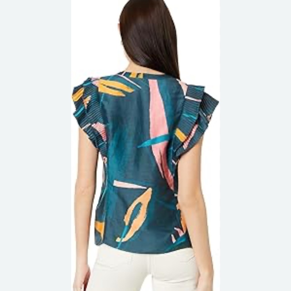 Vineyard Vines Teal Floral Print Ruffle Sleeve Top